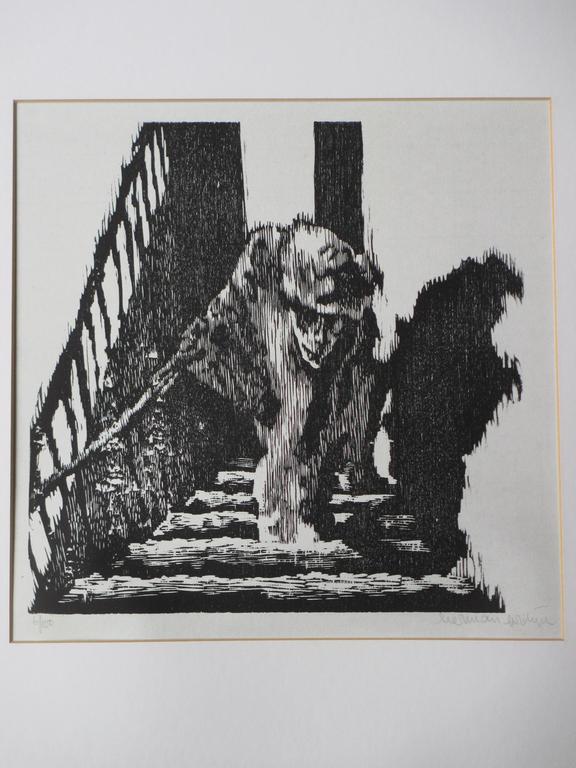 Herman Gordijn, Schimmig figuur op de trap, Houtsnede verkocht voor € 85!