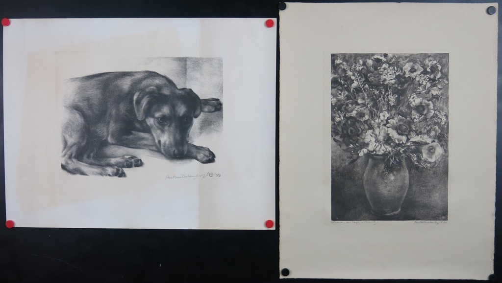 Aart van Dobbenburgh: Twee litho's, Bloemen en hondje verkocht voor € 40!