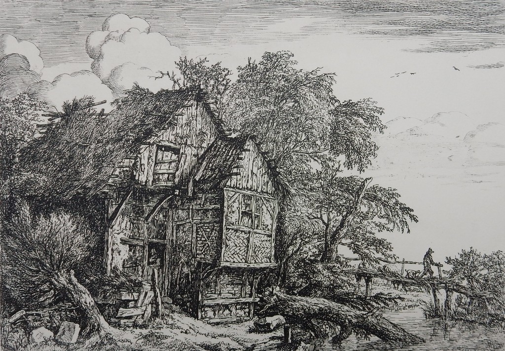Onbekende maker - oude gravure - voorstelling van huis in landschap kopen? Bied vanaf 10!