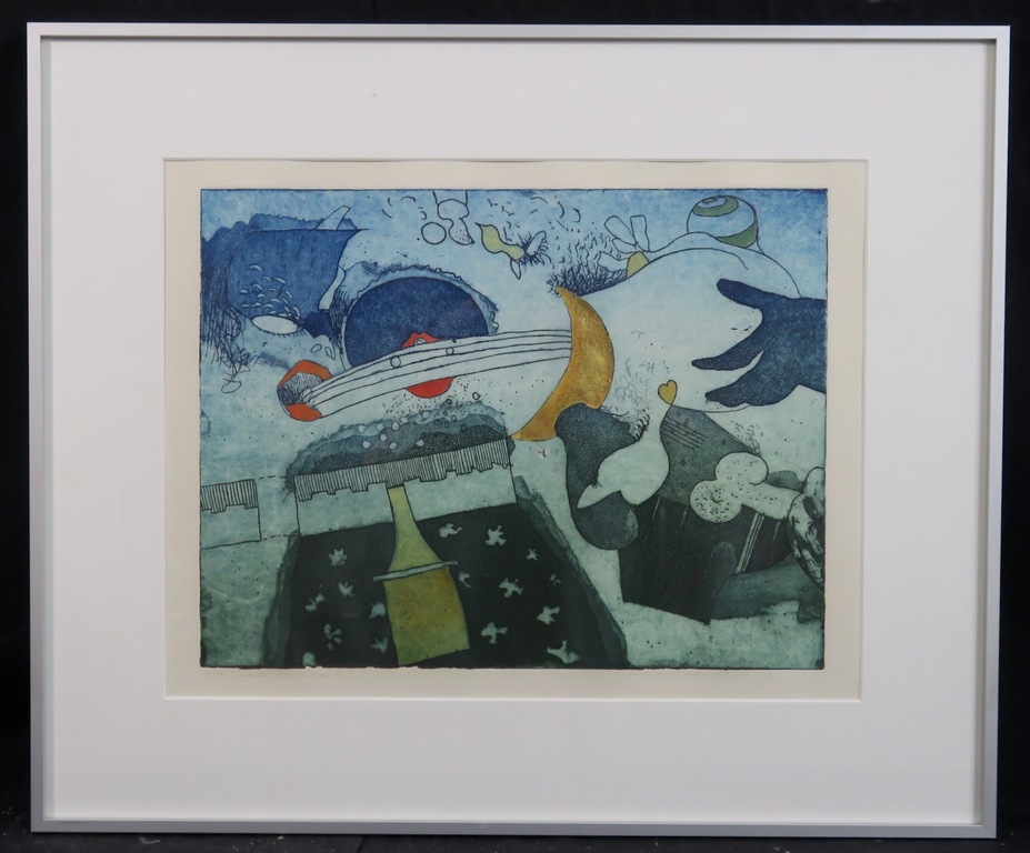 Michel van Overbeeke: Ets met bladgoud, Music landscape II - Ingelijst verkocht voor € 60!