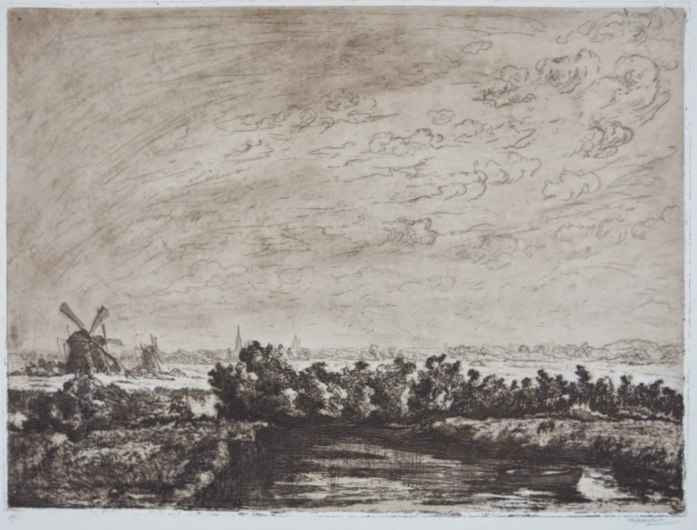 FREDERIKA BROEKSMIT ets Landschap met molens bij Hilligersberg 1910 verkocht voor € 40!