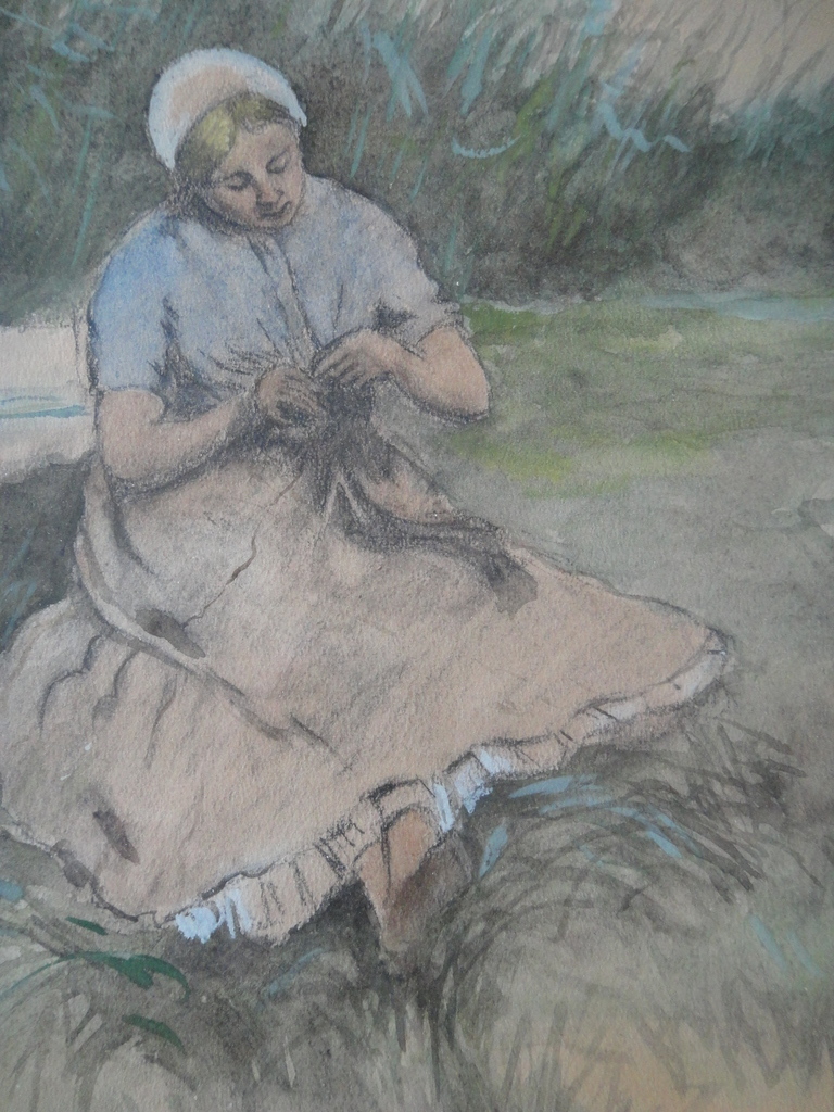 Vermoedelijk Engelse school, aquarel, breiend meisje bij rietkraag kopen? Bied vanaf 1!