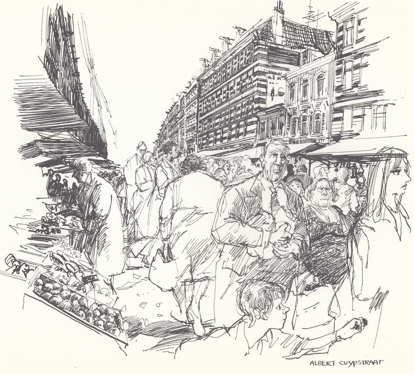Peter van Straaten - Lithografische prent ongesigneerd - .Albert Cuyp Straat. kopen? Bied vanaf 1!