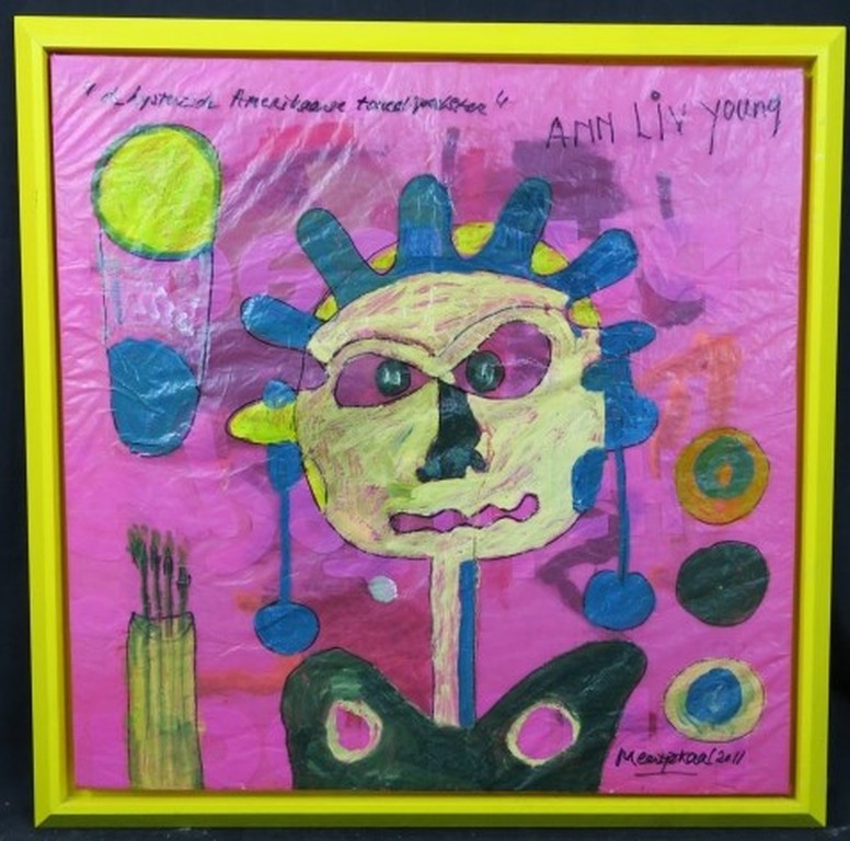 Meertje Kaal: Beschilderd plastic op doek, De hysterische Amerika... - Ingelijst verkocht voor € 40!