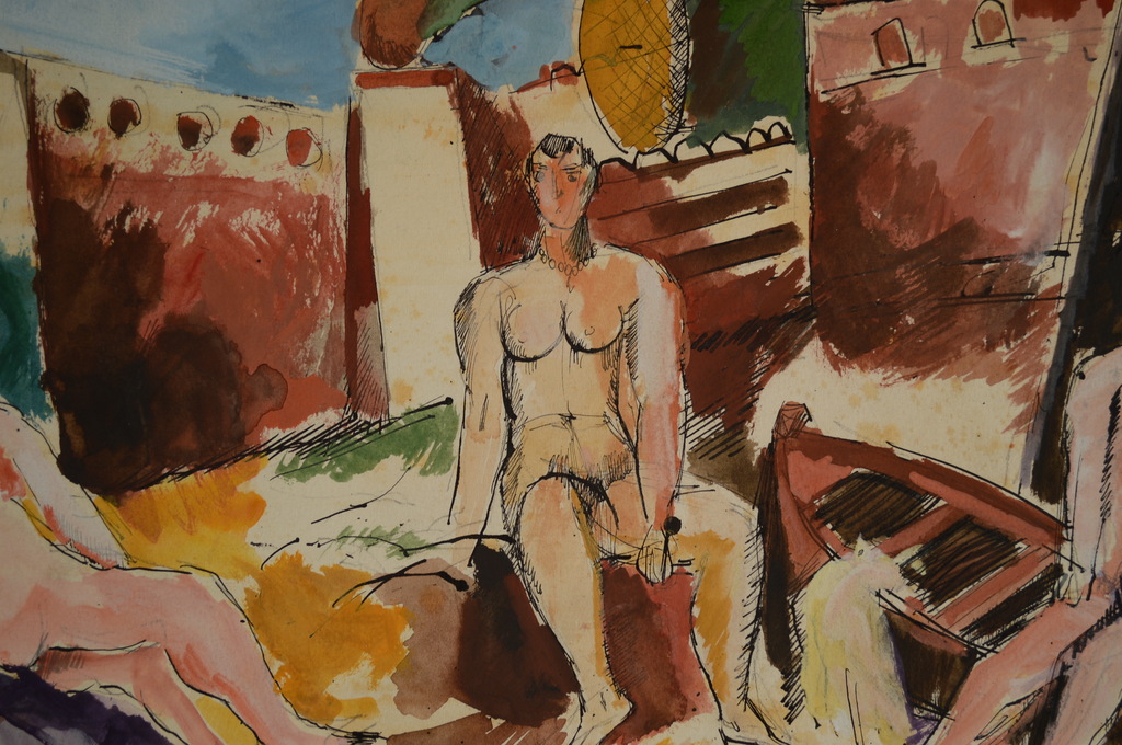 Charles Dufresne ( 1876-1938 ) aquarel-pen 60 x 40 3 mannen in St.Tropez (1932)  kopen? Bied vanaf 350!