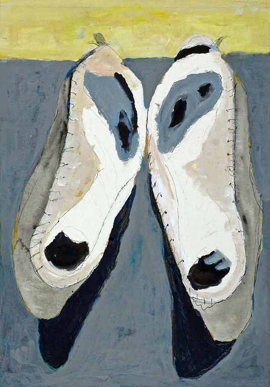 Hans Ebeling Koning, verf op papier, versleten pantoffelzolen. verkocht voor € 50!