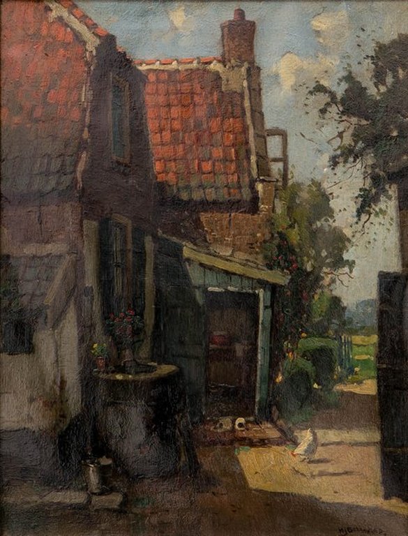  huisje met erf, olieverf op doek, gesigneerd: H.J. Bellaa kopen? Bied vanaf 1!