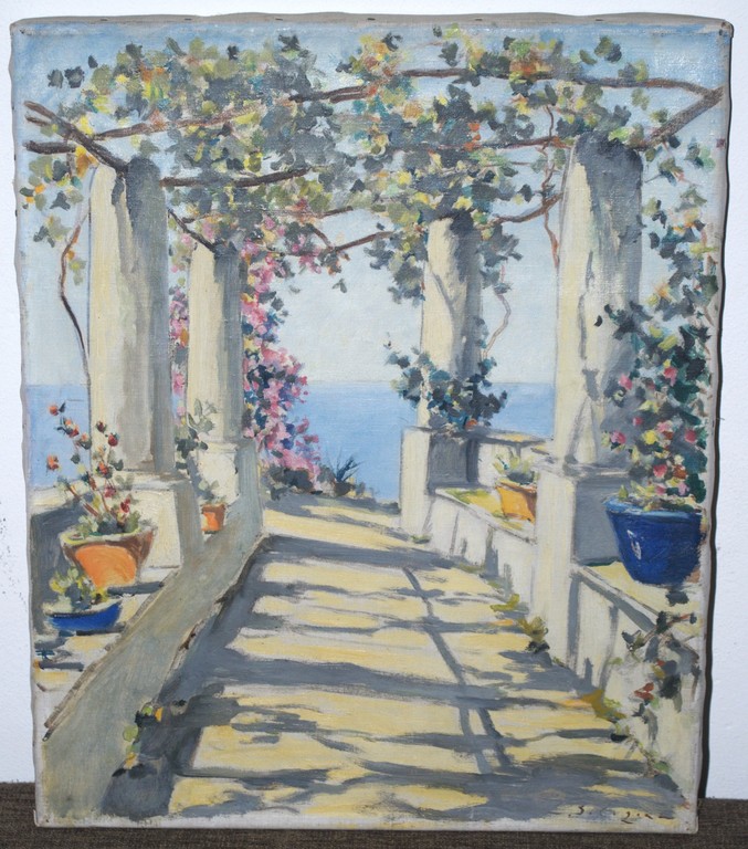 zonnige mediterraanse doorkijk - olieverf op doek - kunsthandel Koch verkocht voor € 160!