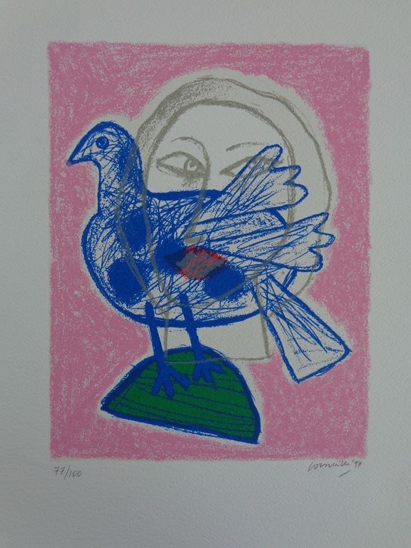 CORNEILLE / BLAUWE VOGEL & VROUW / KLEURLITHO / 47x37cm / SIG / 1994 kopen? Bied vanaf 1!