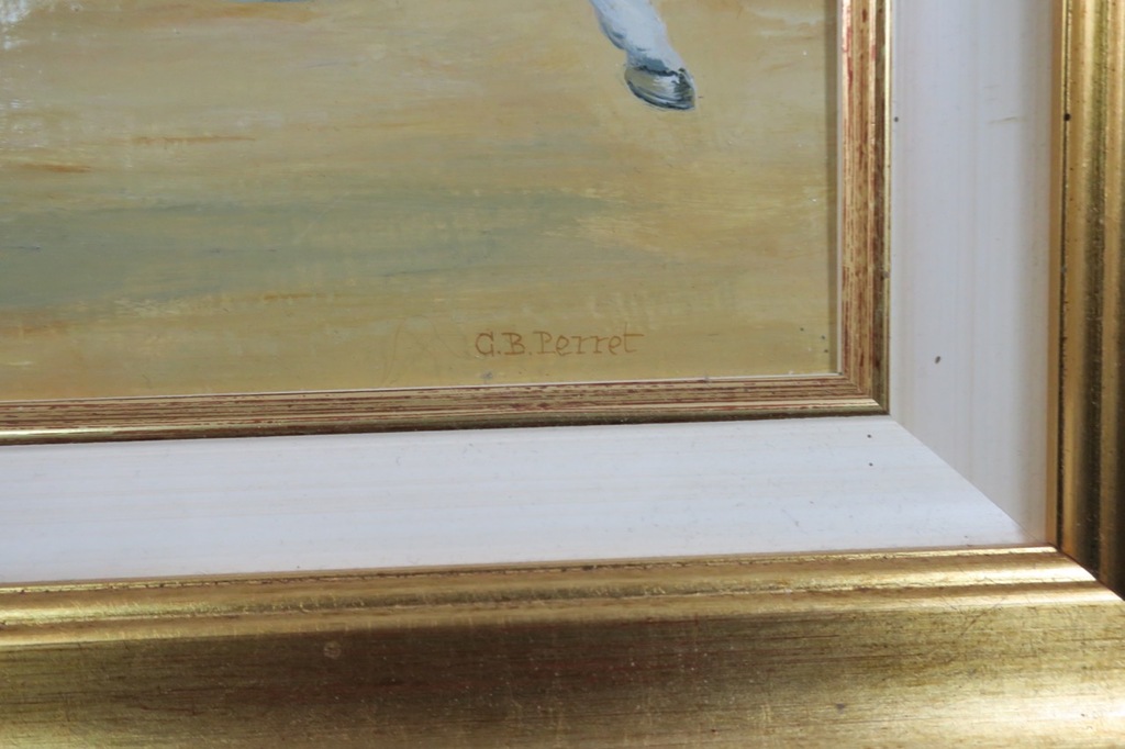 Carole B. Perret: Olieverf op board, Harlekijn met circuspaard - Ingelijst kopen? Bied vanaf 150!