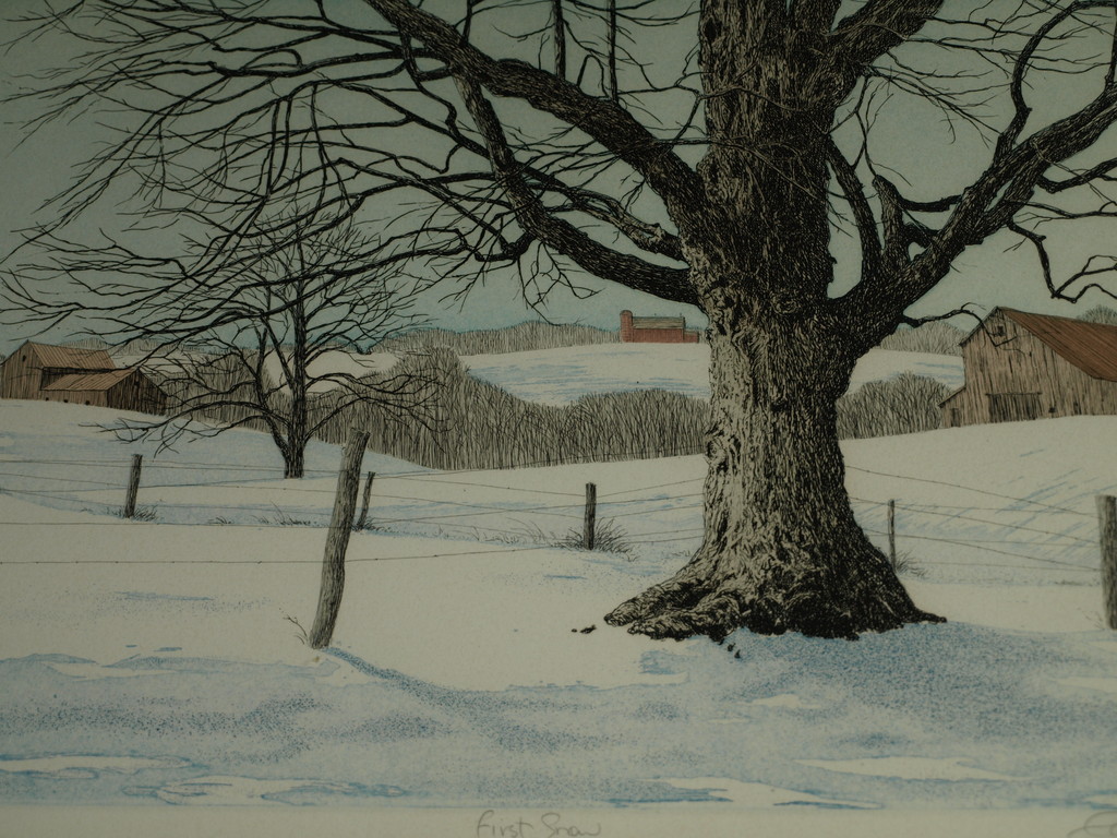 Carol Collette: Ingekleurde ets - First Snow – Gesigneerd & ingelijst – 1981 kopen? Bied vanaf 1!