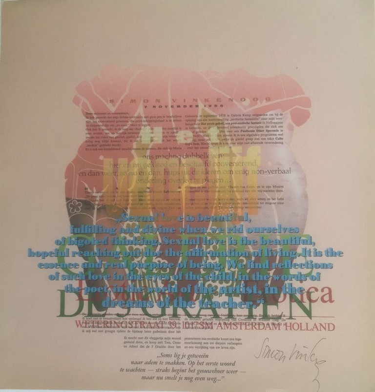 Simon Vinkenoog: Typografische Kleurenlitho, Openingsspeech De 3 Gratiën. verkocht voor € 55!