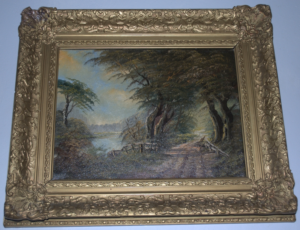 Olieverf op doek, landschap met bospad langs een ven. kopen? Bied vanaf 65!