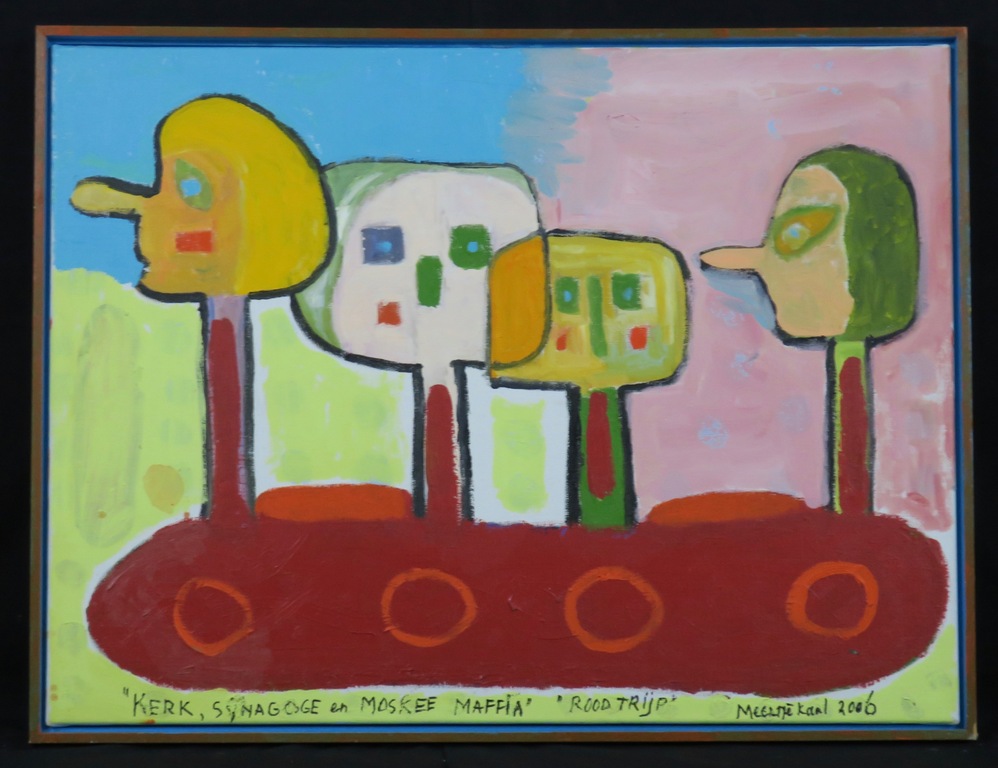 Meertje Kaal: Acryl op doek, Kerk, Synagoge en moskee maffia - Ingelijst verkocht voor € 37!