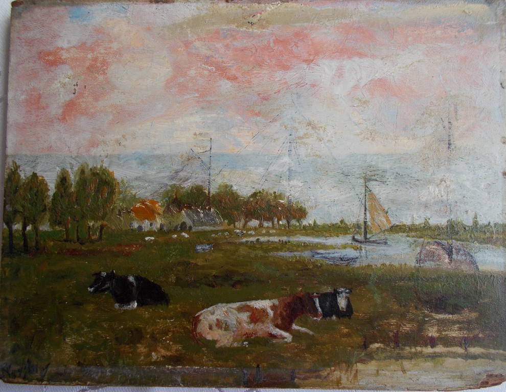 Jozef Neuhuys: Olieverf op paneel, Hollands landschap kopen? Bied vanaf 80!