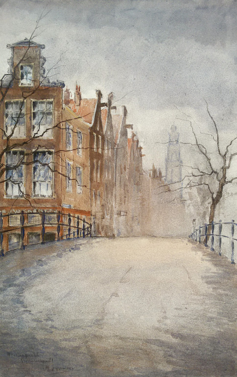 Prinsengracht met Westertoren, gemengde techniek op papier (ingelijst) kopen? Bied vanaf 1!
