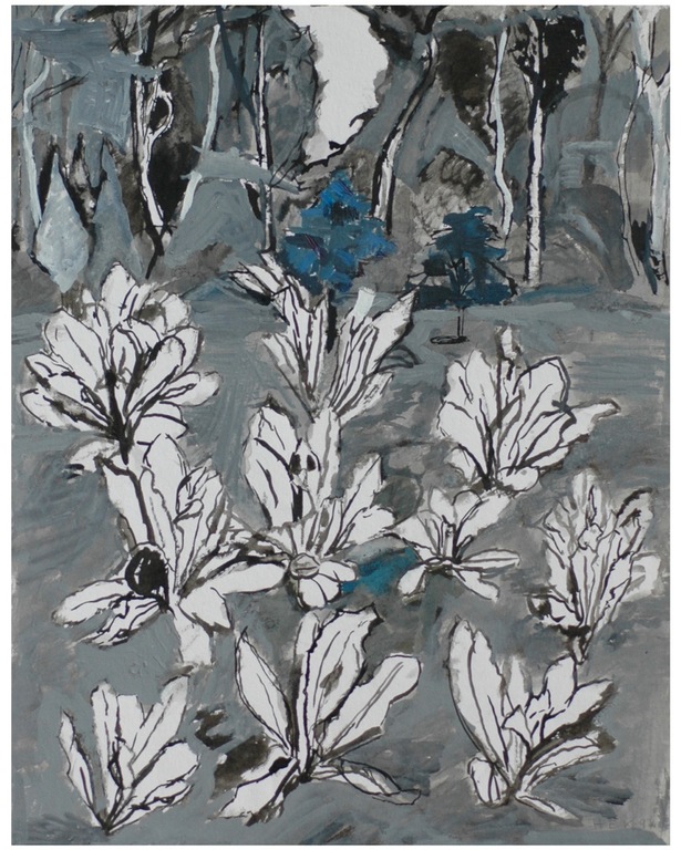 Hans Ebeling Koning, pen- en penseeltekening, Grijsblauw Bloemenveld kopen? Bied vanaf 100!