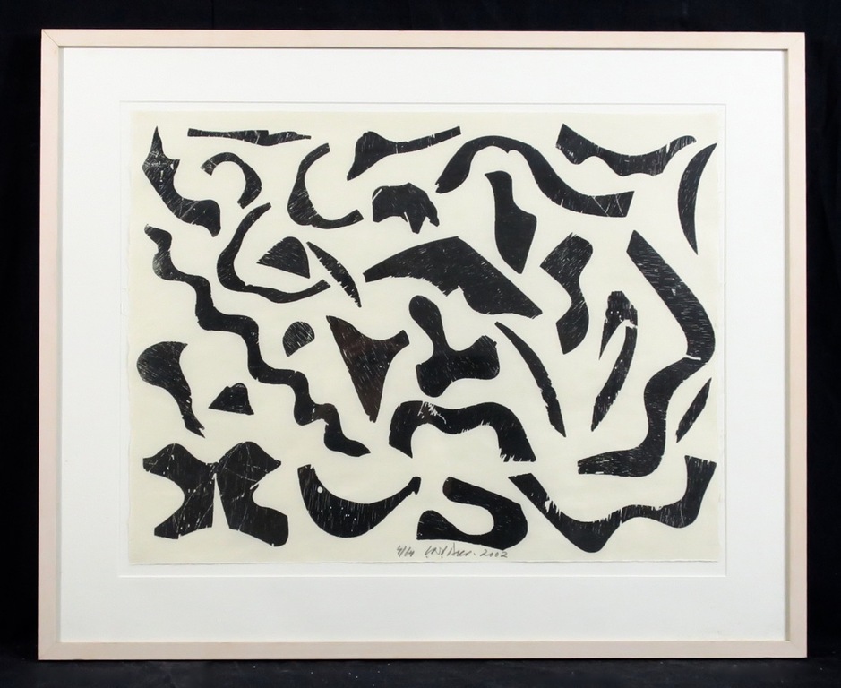 Carel Visser: Houtsnede op rijstpapier, Zonder titel (zwart) - Ingelijst verkocht voor € 120!