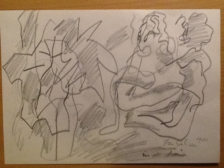 Jan Sierhuis, tekening met potlood getekend , in de tuin verkocht voor € 55!