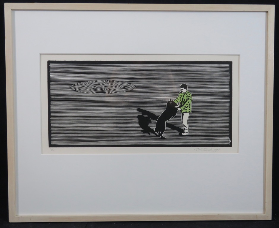 Pieter Becks: Houtsnede, Hond en ik - Ingelijst kopen? Bied vanaf 20!