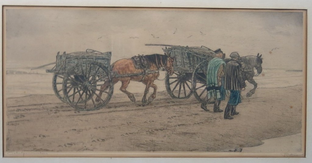 Tjeerd Bottema: Gekleurde ets, Schelpenvisschers -Ingelijst verkocht voor € 120!