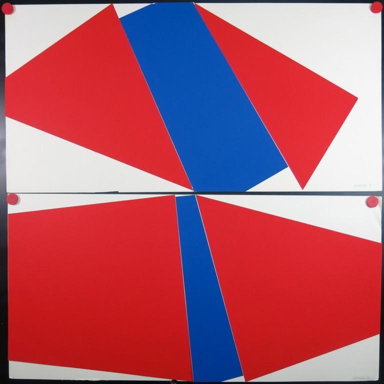 Onbekend gesigneerd: 2x Collage, Rood/blauw kopen? Bied vanaf 1!