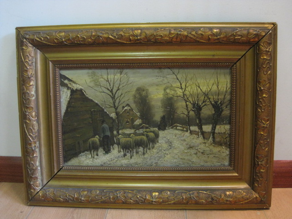 omstreeks 1920 olieverf "schapen in de sneeuw" niet gesigneerd kopen? Bied vanaf 1!