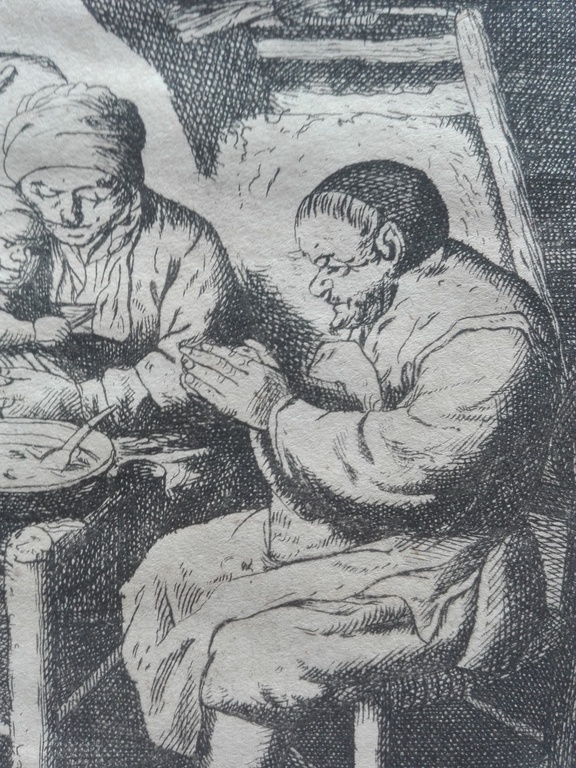 Anoniem naar van Ostade, ets datering 1653-1745, gebed voor de maaltijd kopen? Bied vanaf 100!