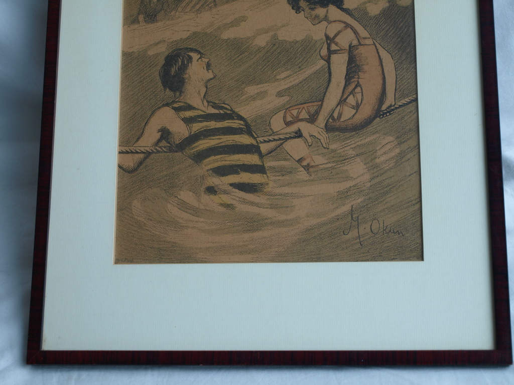 Onbekend : Prent , Flirten in Zee – ingelijst – oud kopen? Bied vanaf 1!