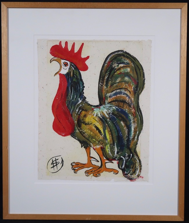 Hans Stoevenbelt: Acryl op papier, Haan - Ingelijst verkocht voor € 51!