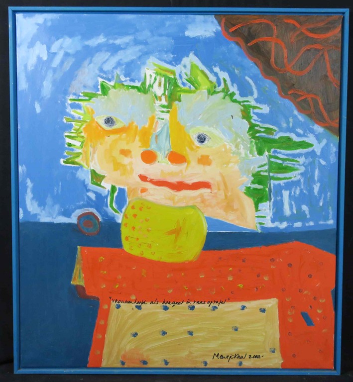 Meertje Kaal: Acryl op doek, Vrouwenhoofd als bouquet in vaas op.. - Ingelijst verkocht voor € 70!