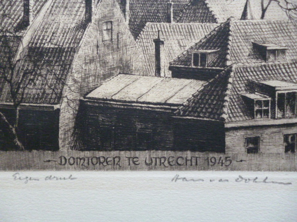 Hans van Dokkum - ets - Domtoren te Utrecht 1945 kopen? Bied vanaf 30!