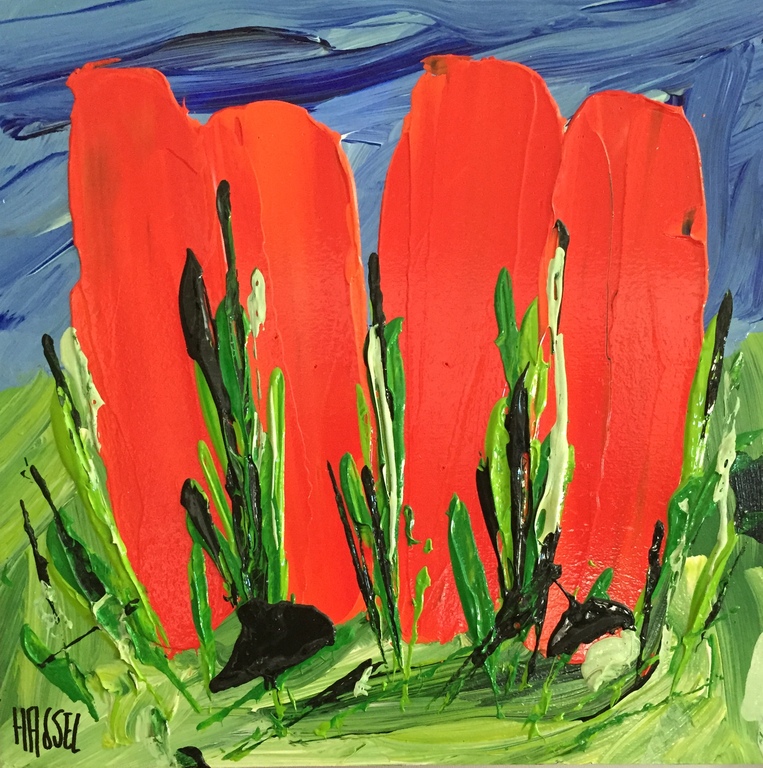 AD VAN HASSEL, 'Tulpen Rood' - schilderij: acrylverf op MDF (incl. lijst) kopen? Bied vanaf 1!