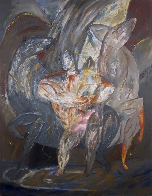 Horacio Silva: Acryl op doek, Hombre contuento en los brazos (Zeer groot) verkocht voor € 200!