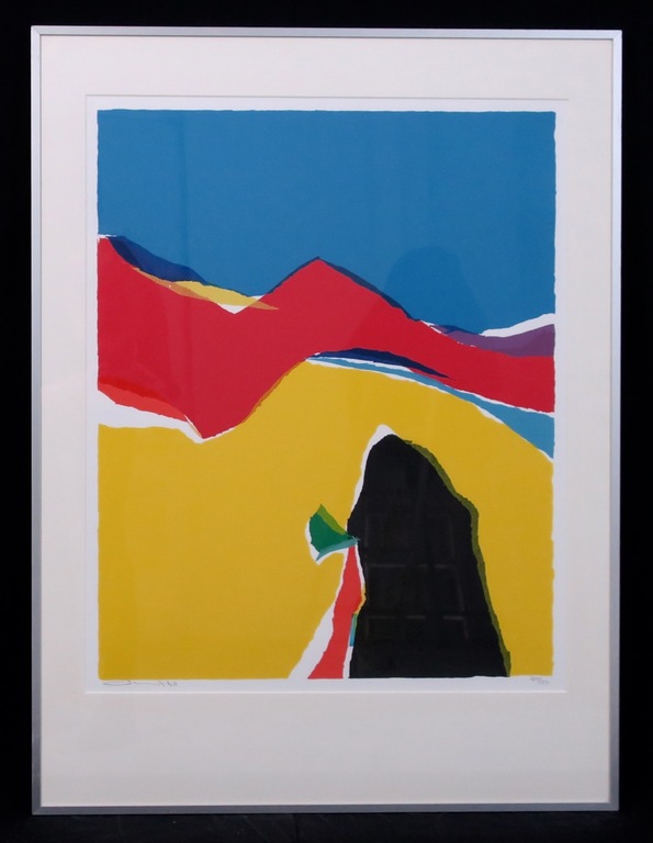 Gerard 't Hart: Zeefdruk, Geel landschap - Ingelijst verkocht voor € 40!