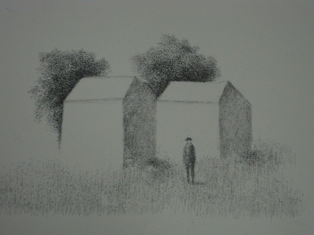 Typisch verstild werk van Metten Koornstra 1912-1978 Litho "man in landschap" MK verkocht voor € 36!