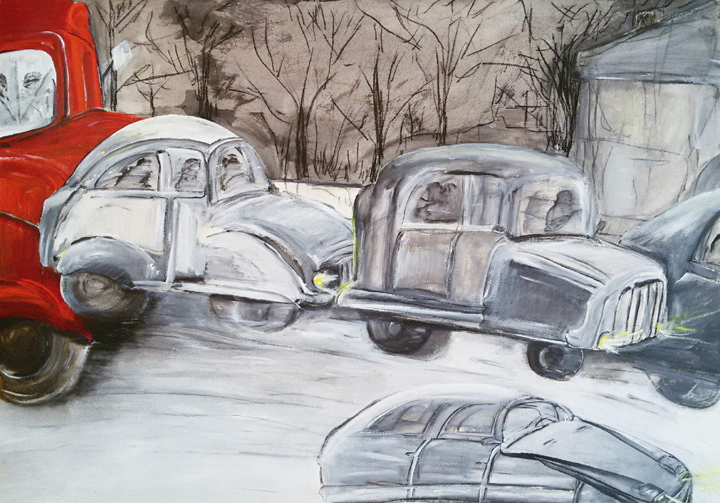 Winters verkeer, gemengde techniek op papier (groot) kopen? Bied vanaf 1!