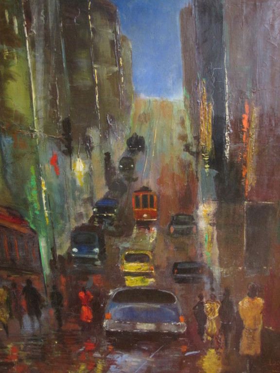 oud impress. olieverf "San Fransisco USA"  onduid. gesigneerd  omstreeks 1950 kopen? Bied vanaf 1!