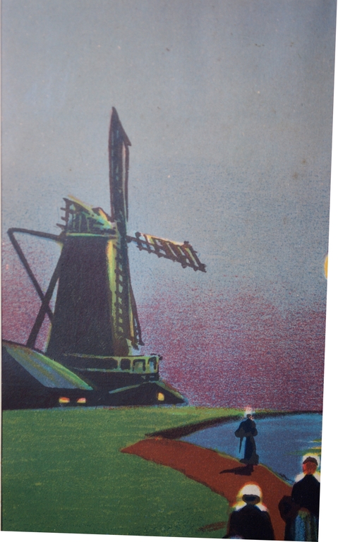Litho jaren 20 - Avond aan het water met molen, vrouwen in klederdracht.  kopen? Bied vanaf 25!