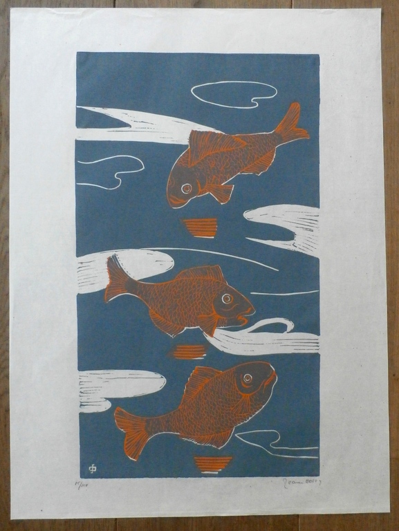 Jeanne Bierema Oosting - houtsnede op rijstpapier: Goudvissen  kopen? Bied vanaf 125!