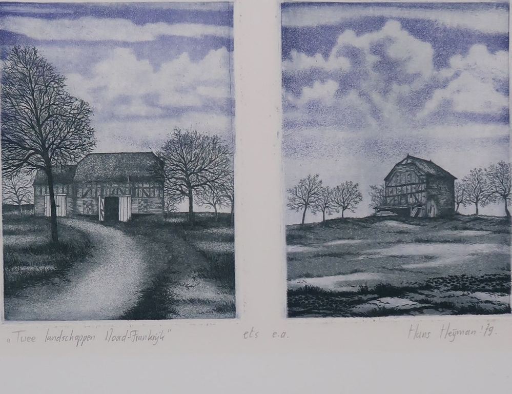 Hans Heijman: Ets, Twee landschappen Noord Frankrijk kopen? Bied vanaf 1!