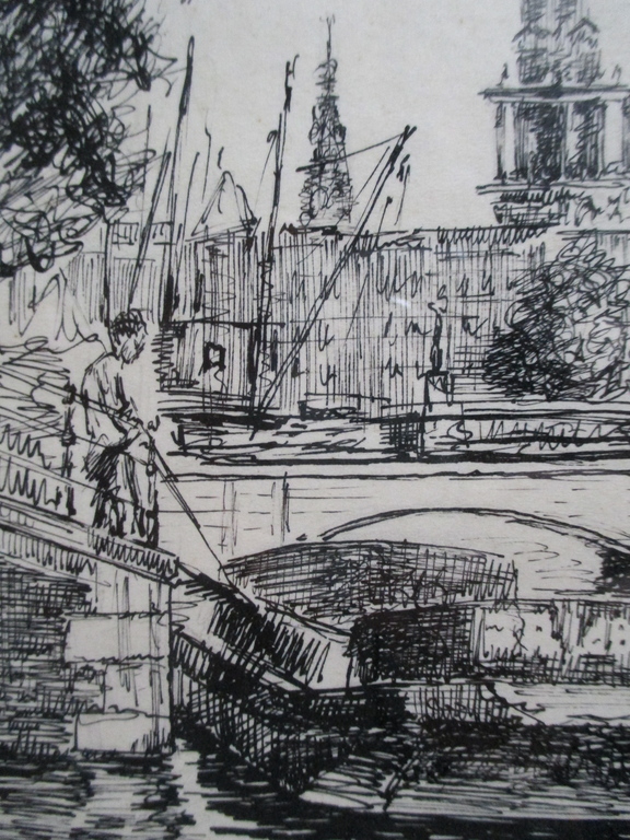 Klaas de Poel, ingelijste inkttekening Magere Brug Amsterdam 1954 kopen? Bied vanaf 1!