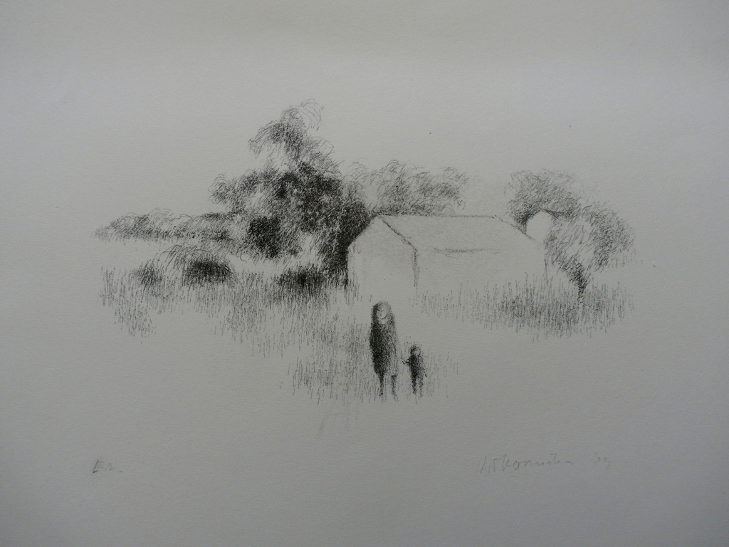 Metten Koornstra - 2 litho's op 1 blad: figuren in landschap - 1969 verkocht voor € 45!