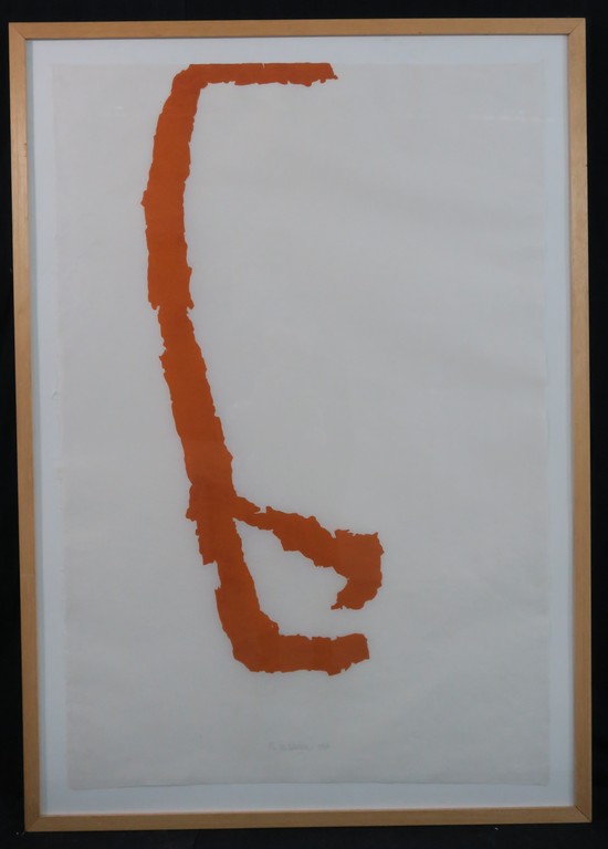 Cees Andriessen: Houtsnede op Japans papier, Z.T. (oranje) - Ingelijst kopen? Bied vanaf 50!