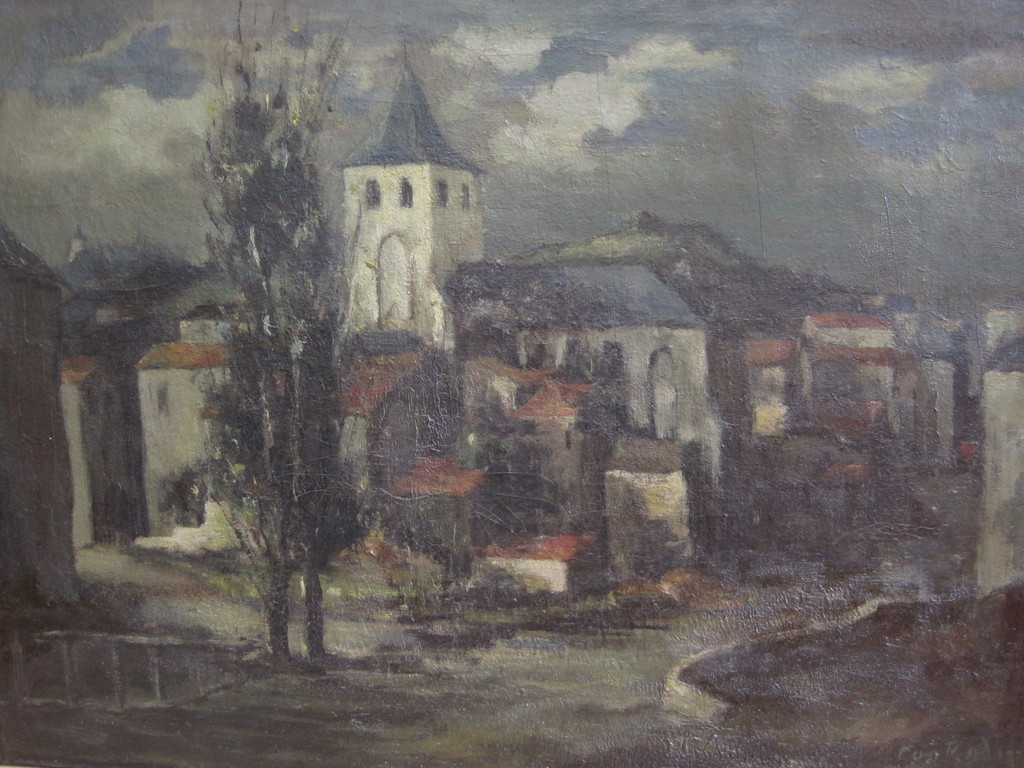 Conrad Kickert 1882-1965 groot olieverf "Dorp met Kerk" ca. 1910  kopen? Bied vanaf 1!