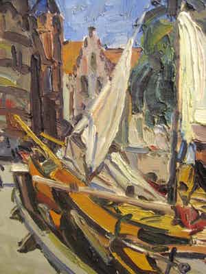 Jan van Anrooy - Jan van Anrooij 1901-1988 "Hoorn afgemeerde boten aan gracht" olieverf gesig verkocht voor € 1!