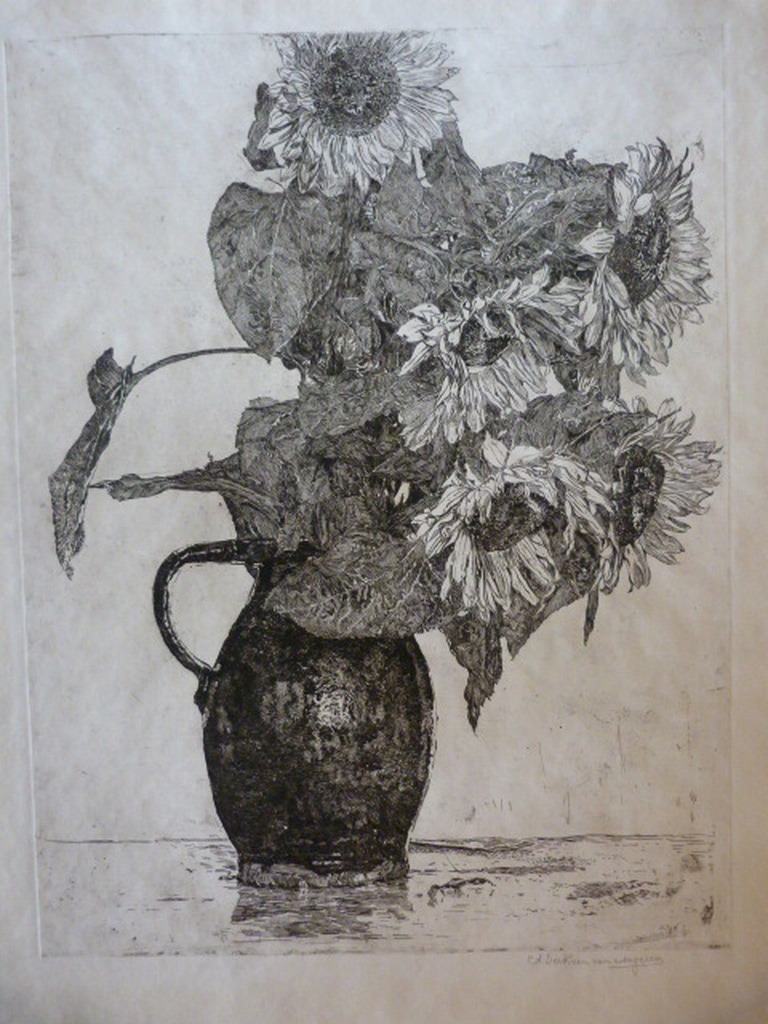 Anton Derkzen van Angeren - ets - zonnebloemen in kan. kopen? Bied vanaf 45!