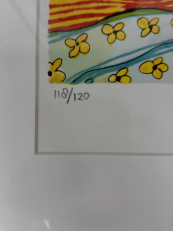 Patty Harpenau, zeefdruk op papier in lijst, Titel: stapel op koeien kopen? Bied vanaf 50!