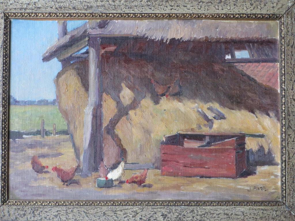 Johan Aerts, Hooiberg en kippen op boerenerf, Olieverf (marouflÃ©) kopen? Bied vanaf 150!