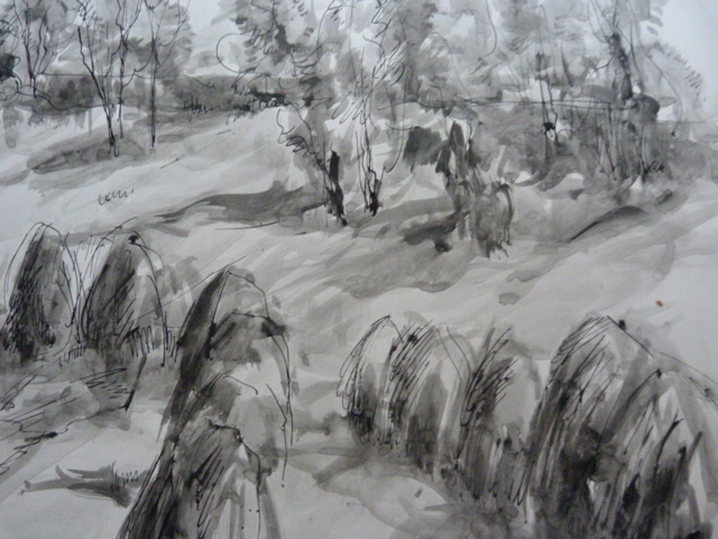 Jobst Heinrich Frese ( 1914 - 1986 ) - tekening/aquarel - hooimijten. kopen? Bied vanaf 1!